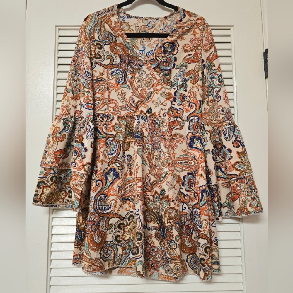 SHEIN - Lune Paisley Print Bishop Sleeve Shirred Waist Dress